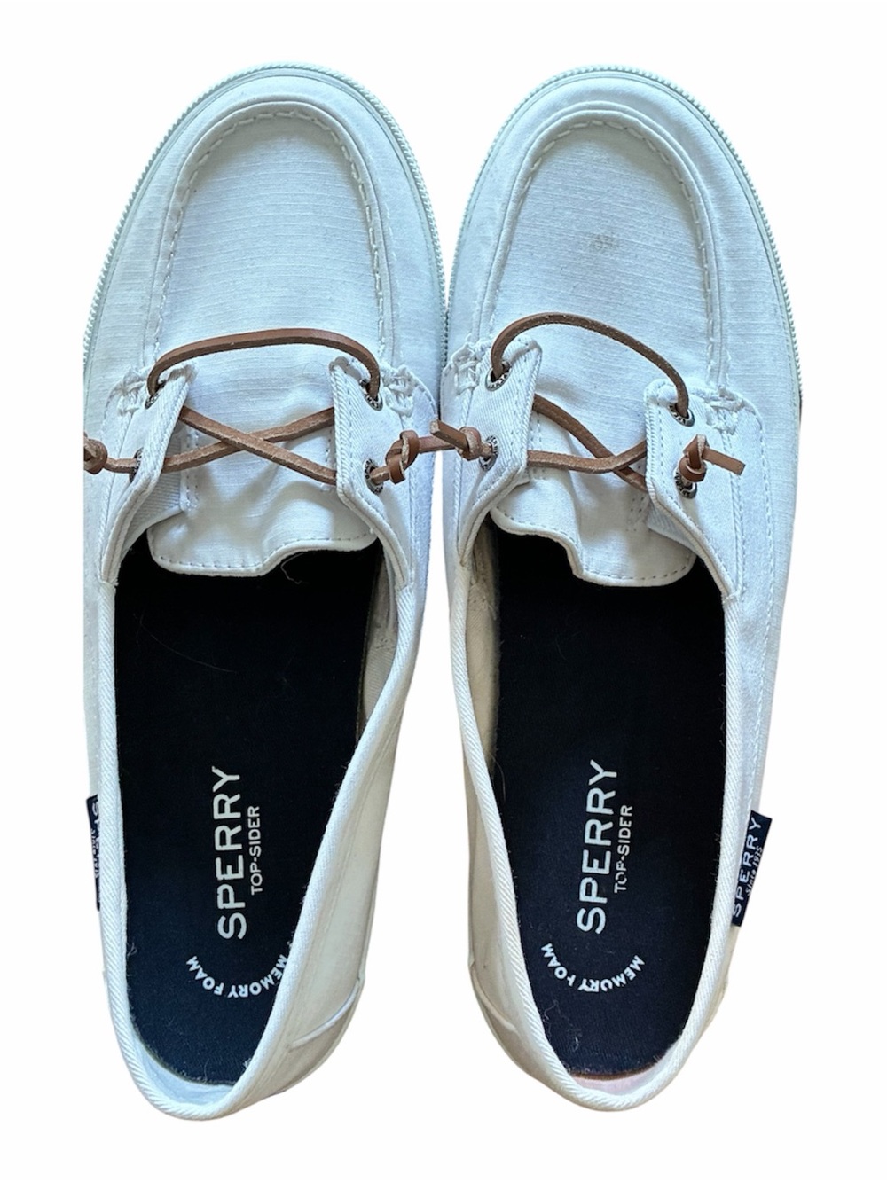 Sperry White Canvas Boat Shoes with Brown Laces sz 10